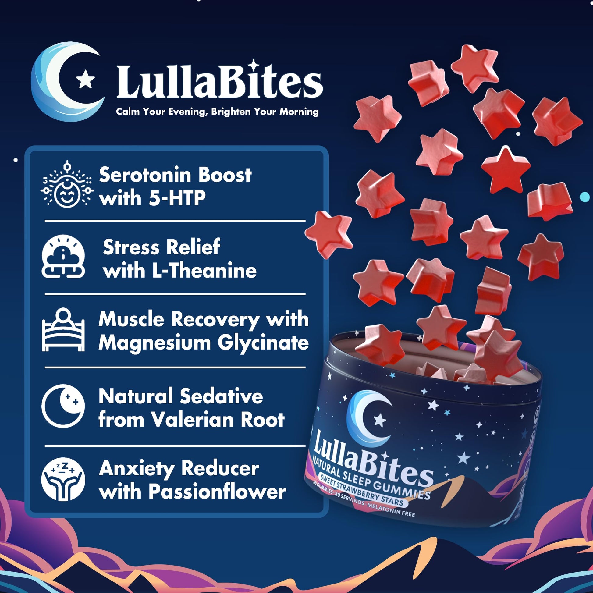 LullaBites vegan star shaped strawberry gummies poured out next to the packaging