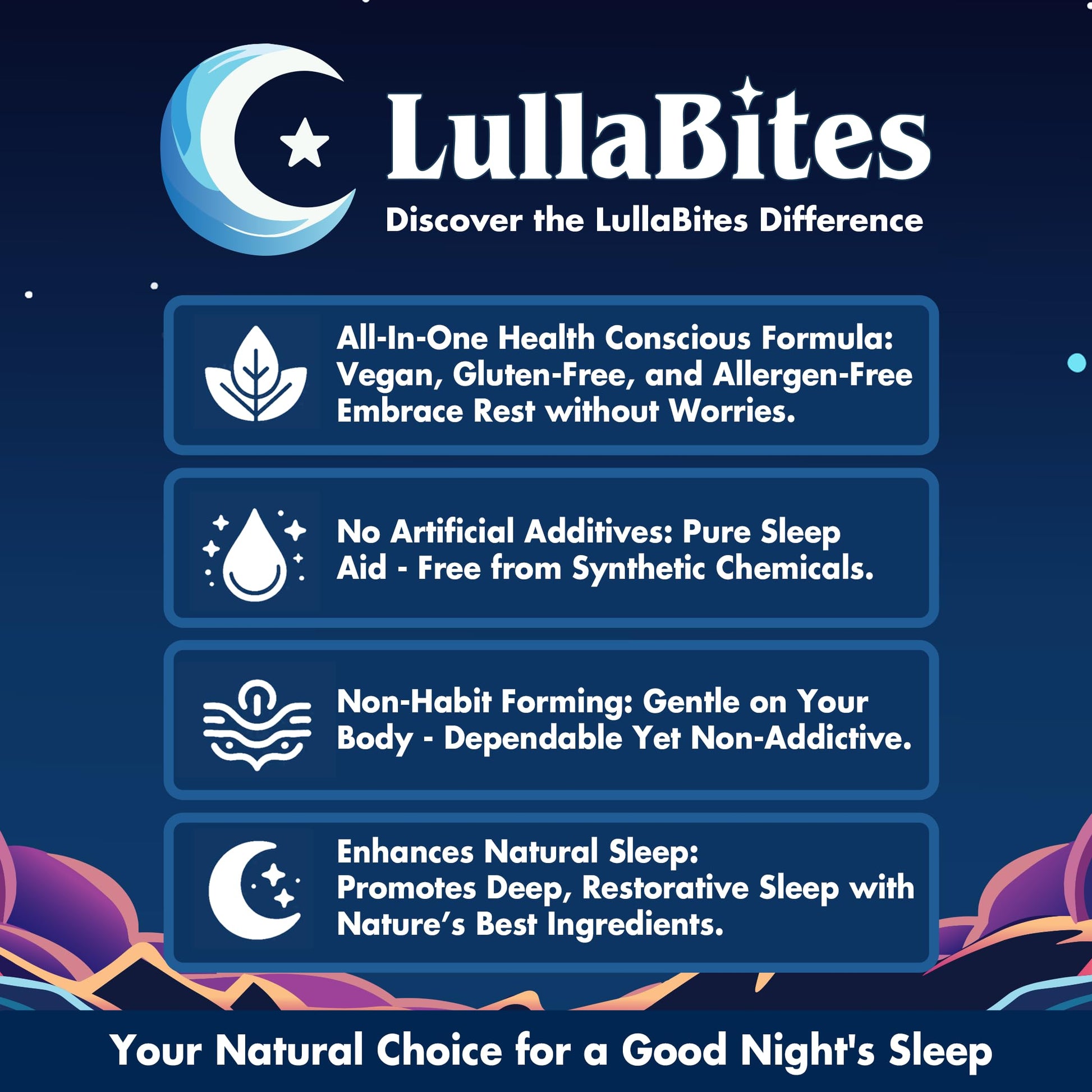LullaBites sugar free sleep aid tin container displaying gluten free and halal badges
