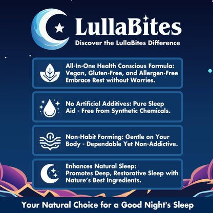 LullaBites sugar free sleep aid tin container displaying gluten free and halal badges