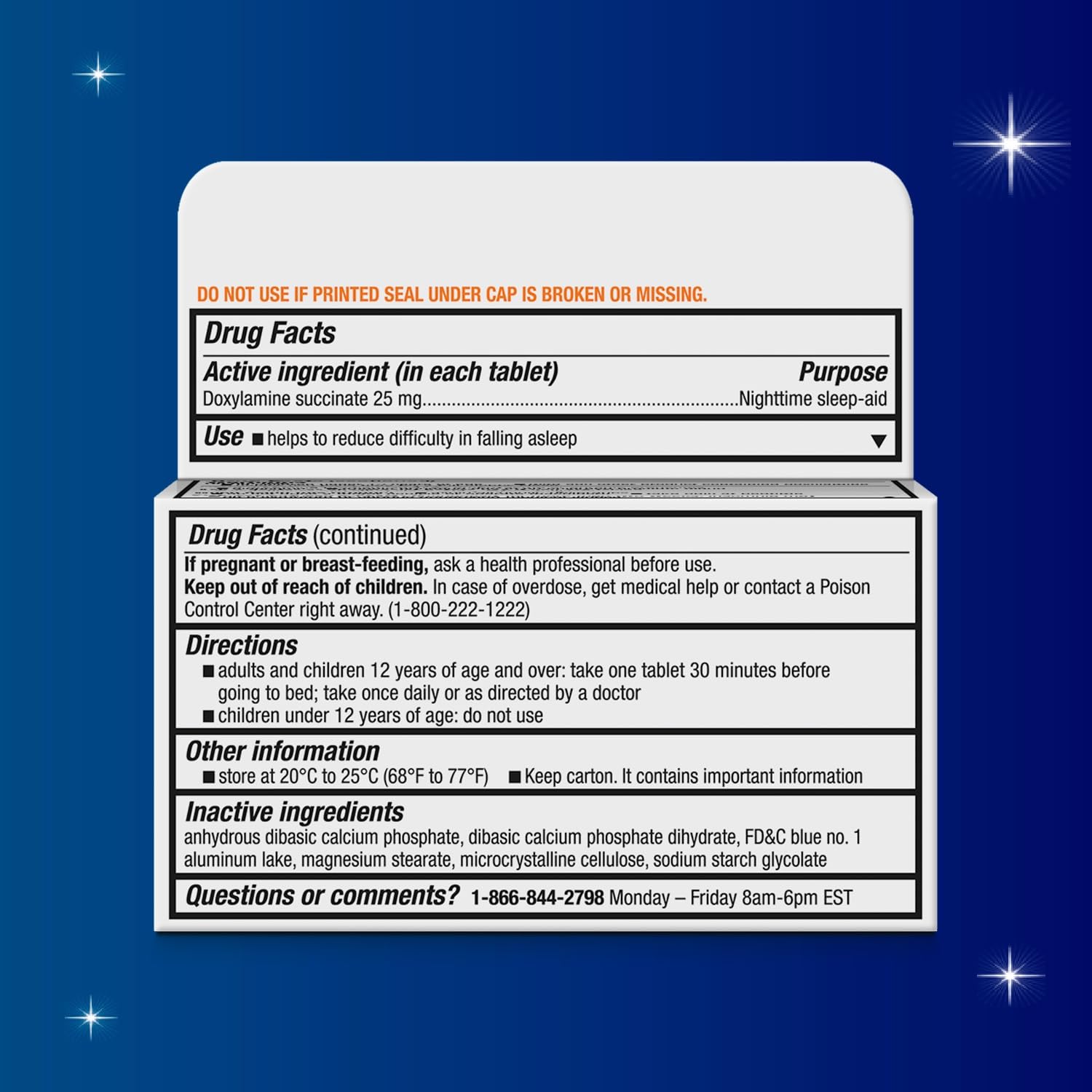 Unisom SleepTabs 25 Milligrams Doxylamine Succinate supplement facts label