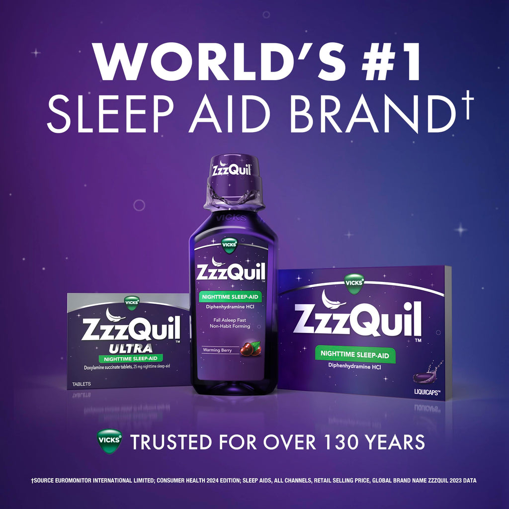 Authentic ZzzQuil nighttime sleep aid liquid over the counter packaging