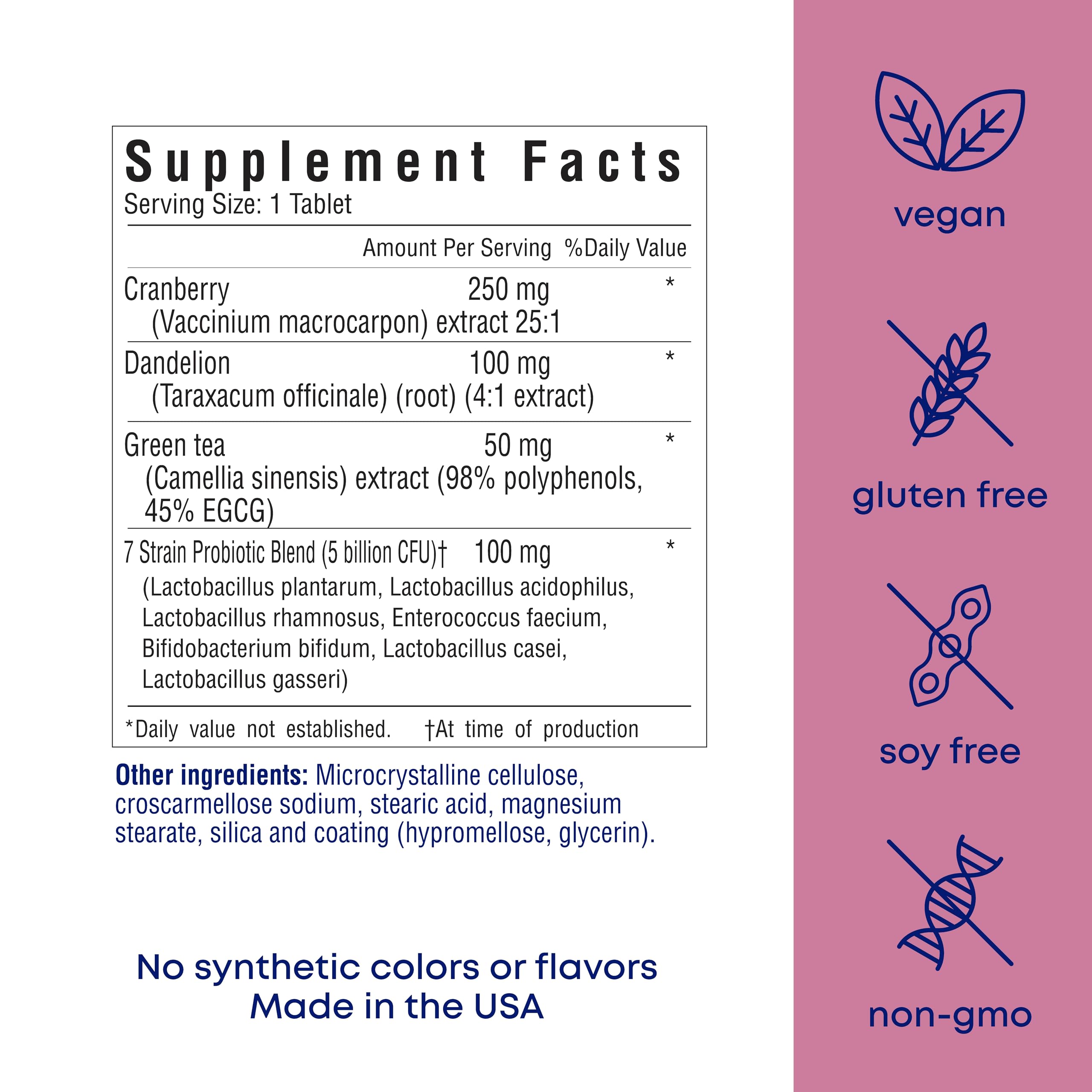 Her Own UTI vaginal flora and pH balance dietary supplement bottle showing key ingredient highlights.