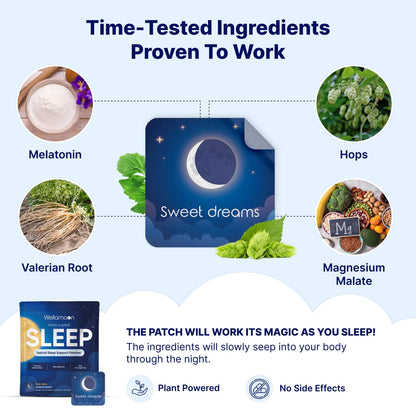 Close up of Wellamoon sleep support patch packaging highlighting the natural botanical formula