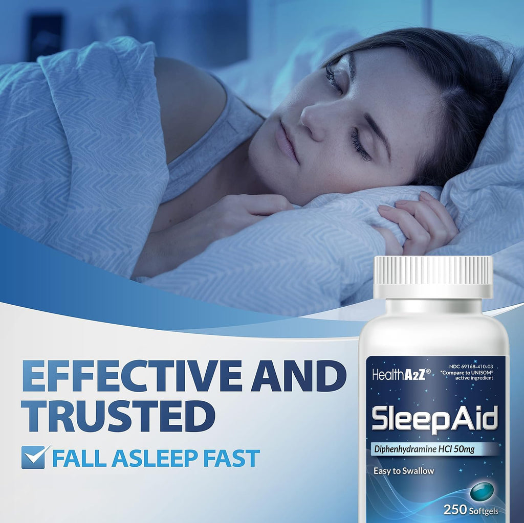 Close up view of the blue liquid filled softgels from the HealthA2Z sleep aid bottle.
