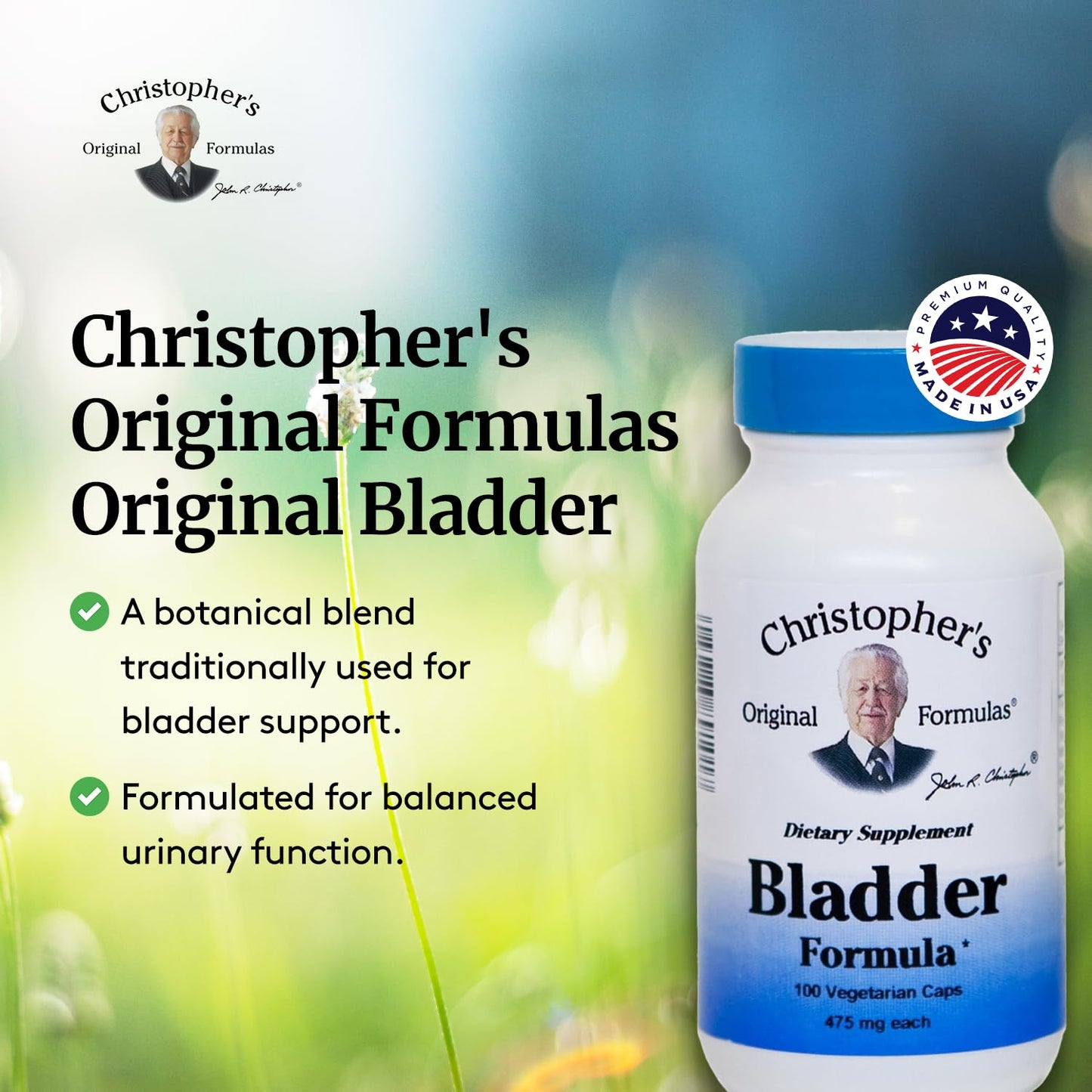 Authentic USA sourced Christopher's Original Formulas Bladder Formula 100 capsules nutritional facts label