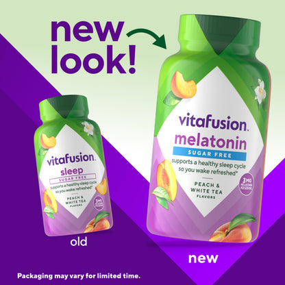 Vitafusion Melatonin 140 count peach and white tea flavored vitamins packaging