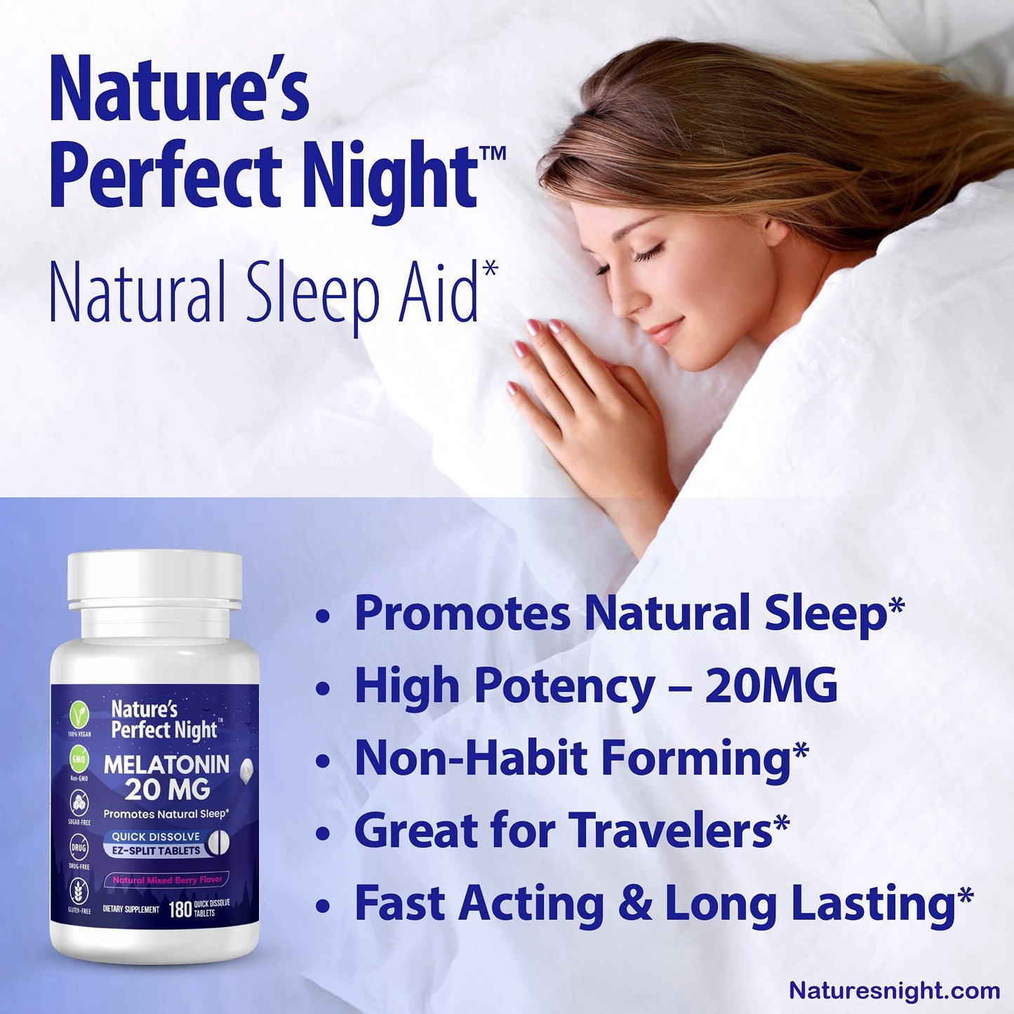 Nature's Perfect Night sleep aid close up showing the mixed berry flavor one hundred eighty quick dissolve tablets details