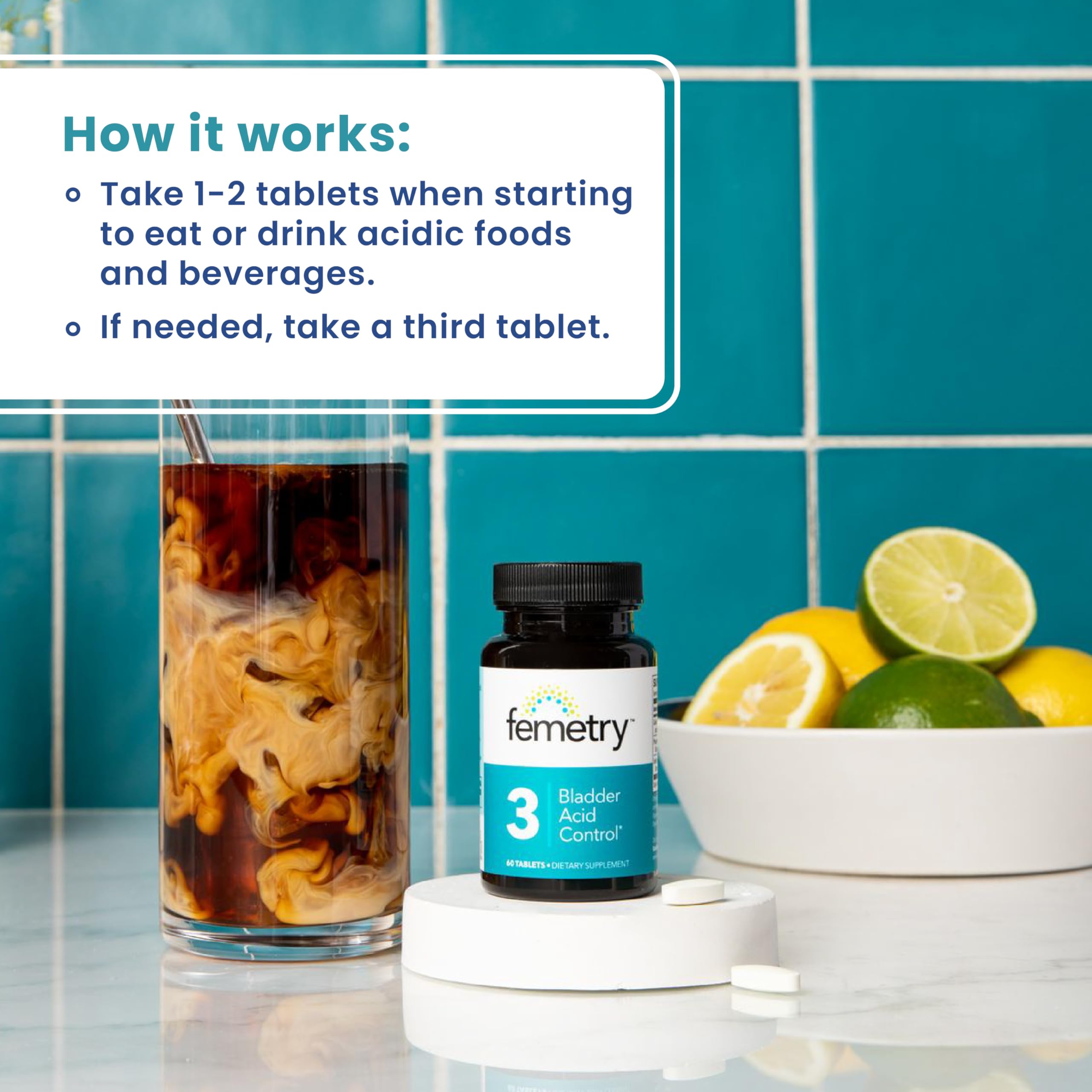 Femetry Bladder Acid Control 60 tablets dietary supplement side label with directions for use
