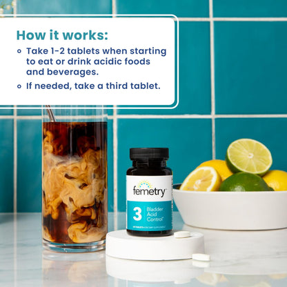 Femetry Bladder Acid Control 60 tablets dietary supplement side label with directions for use