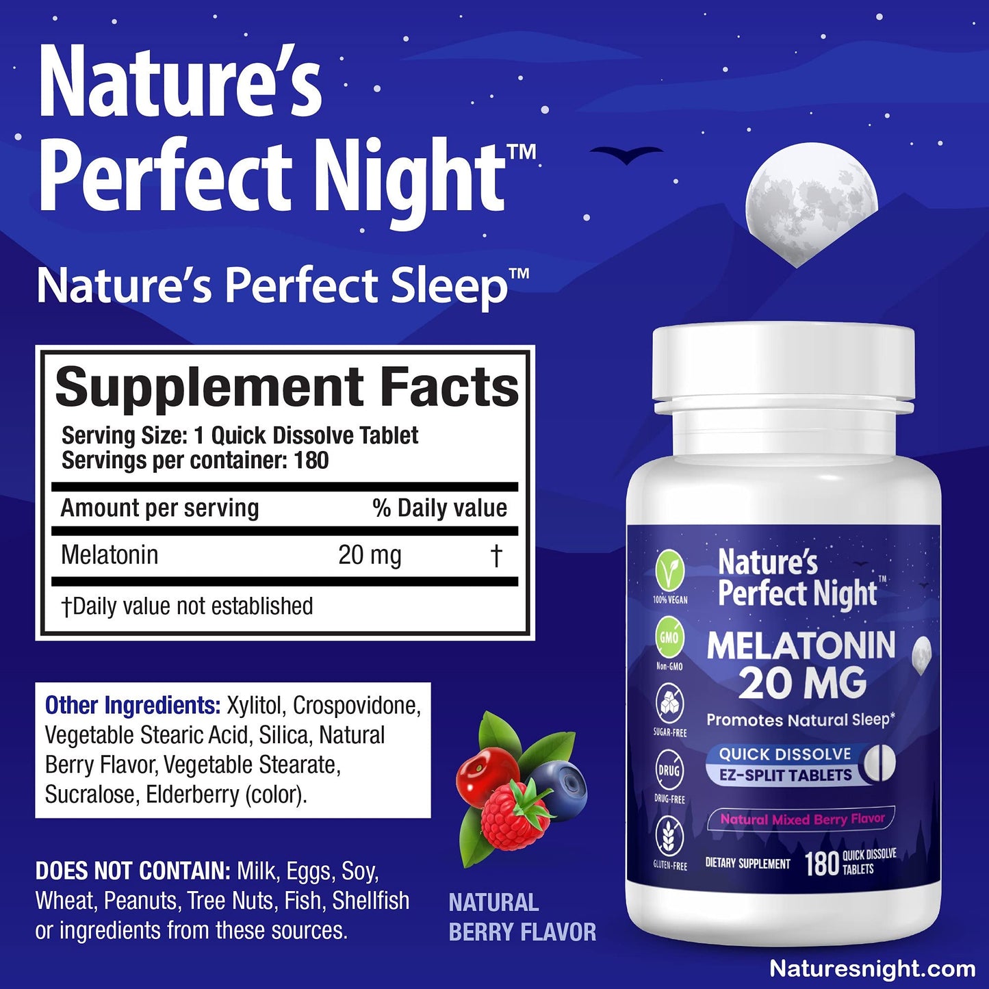 Back label of Nature's Perfect Night high potency dietary supplement highlighting vegan and sugar free ingredients