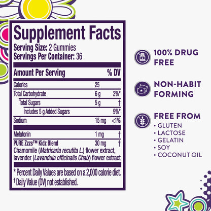 ZzzQuil kids melatonin with chamomile and lavender botanical blend details