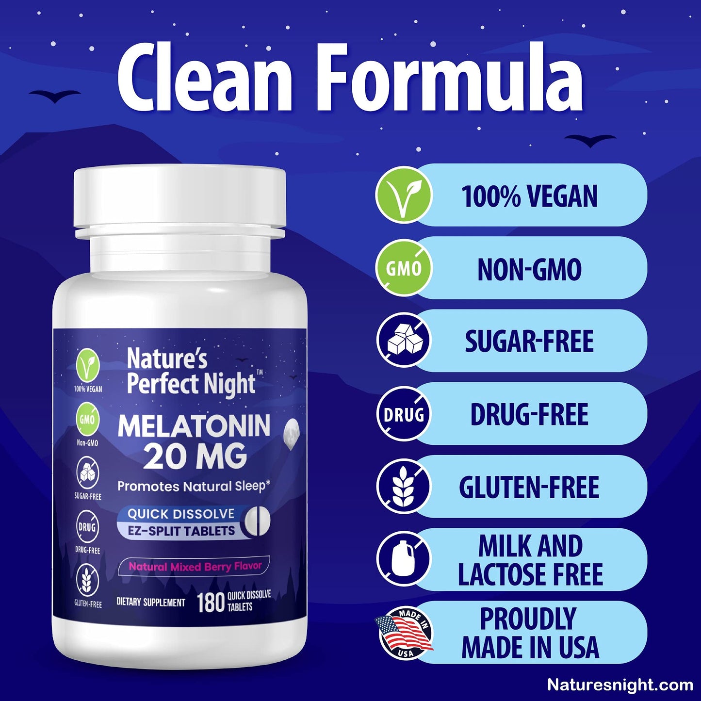 Side view of Nature's Perfect Night container demonstrating the score line feature for splitting tablets in half easily