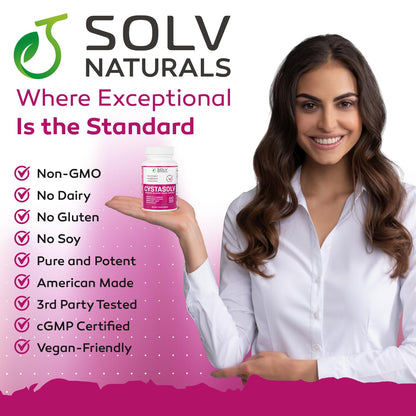 Cystasolv dietary supplement bottle showing easy to swallow size double zero capsules