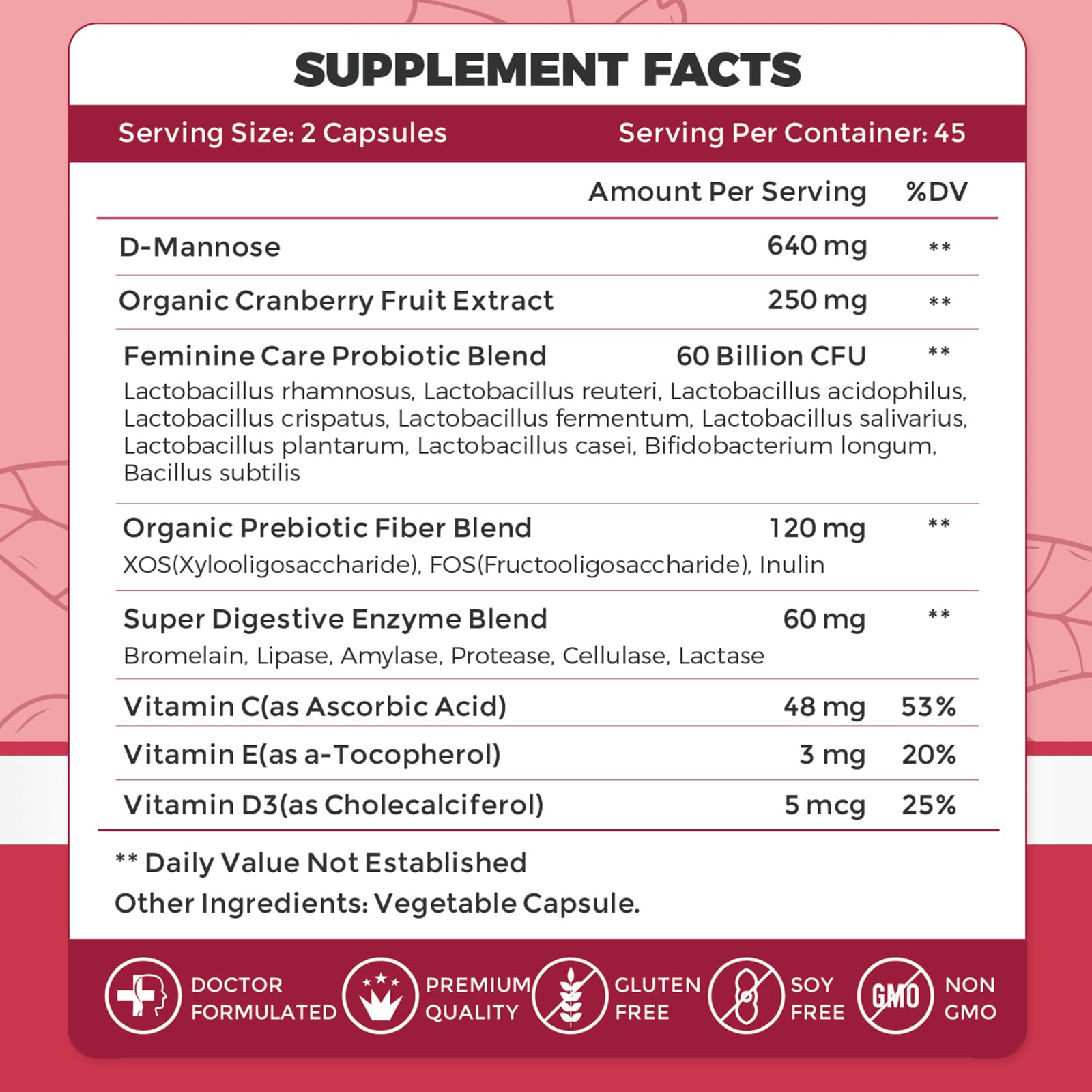 ZEBORA feminine health supplement bottle detailing D-Mannose and cranberry extract ingredients on label.