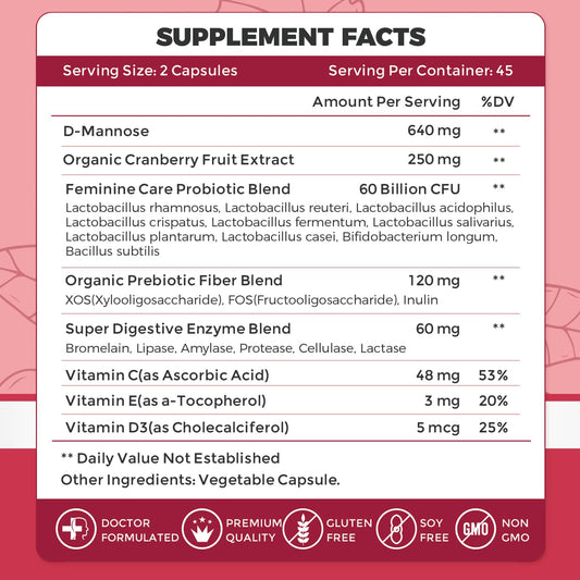 ZEBORA feminine health supplement bottle detailing D-Mannose and cranberry extract ingredients on label.