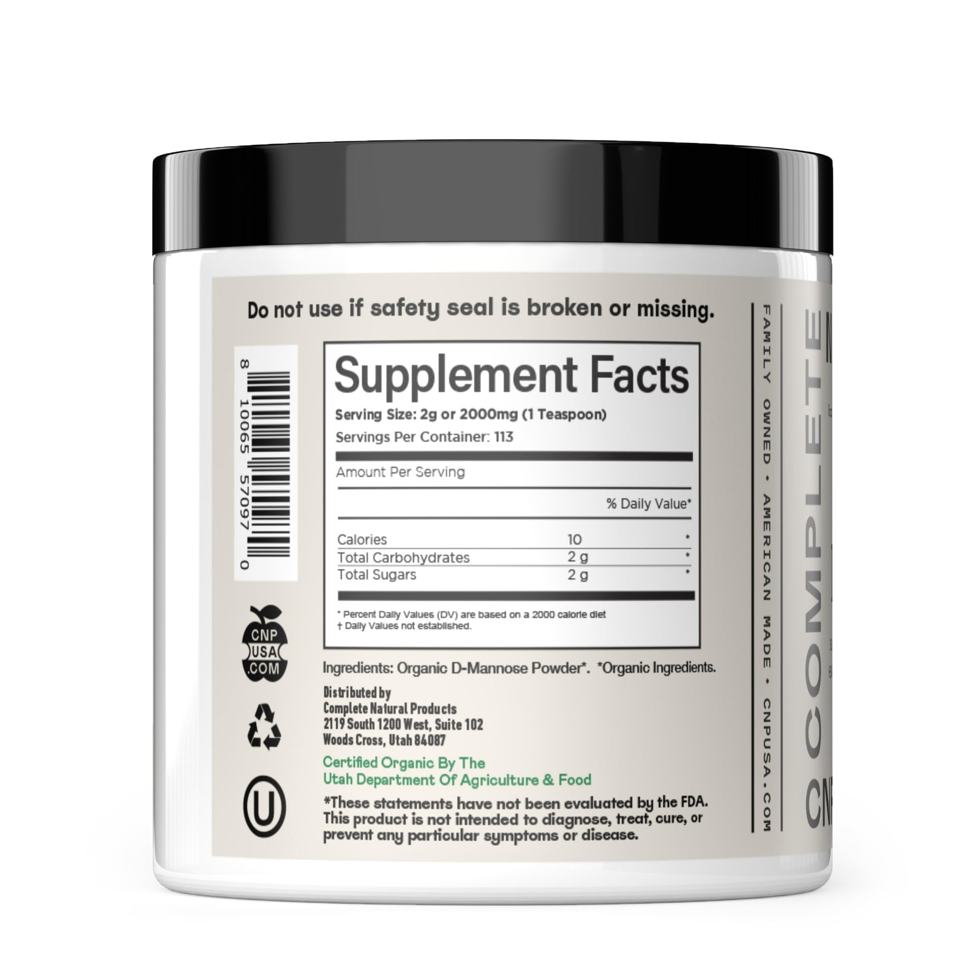 Complete Natural Products Organic D-Mannose Powder side label highlighting USDA organic and non-GMO seals