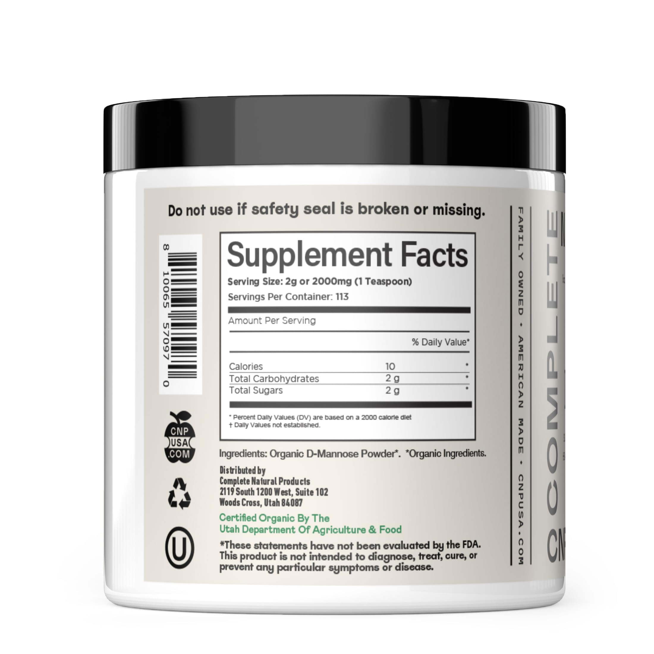 Complete Natural Products Organic D-Mannose Powder side label highlighting USDA organic and non-GMO seals