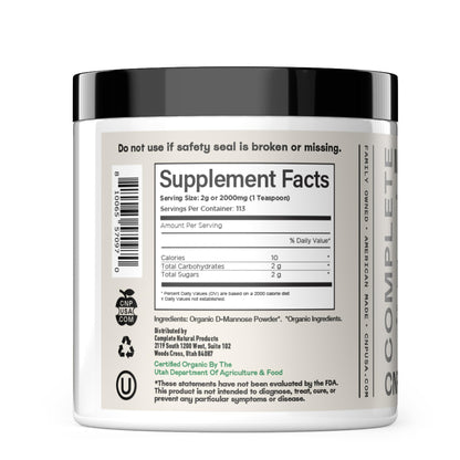 Complete Natural Products Organic D-Mannose Powder side label highlighting USDA organic and non-GMO seals