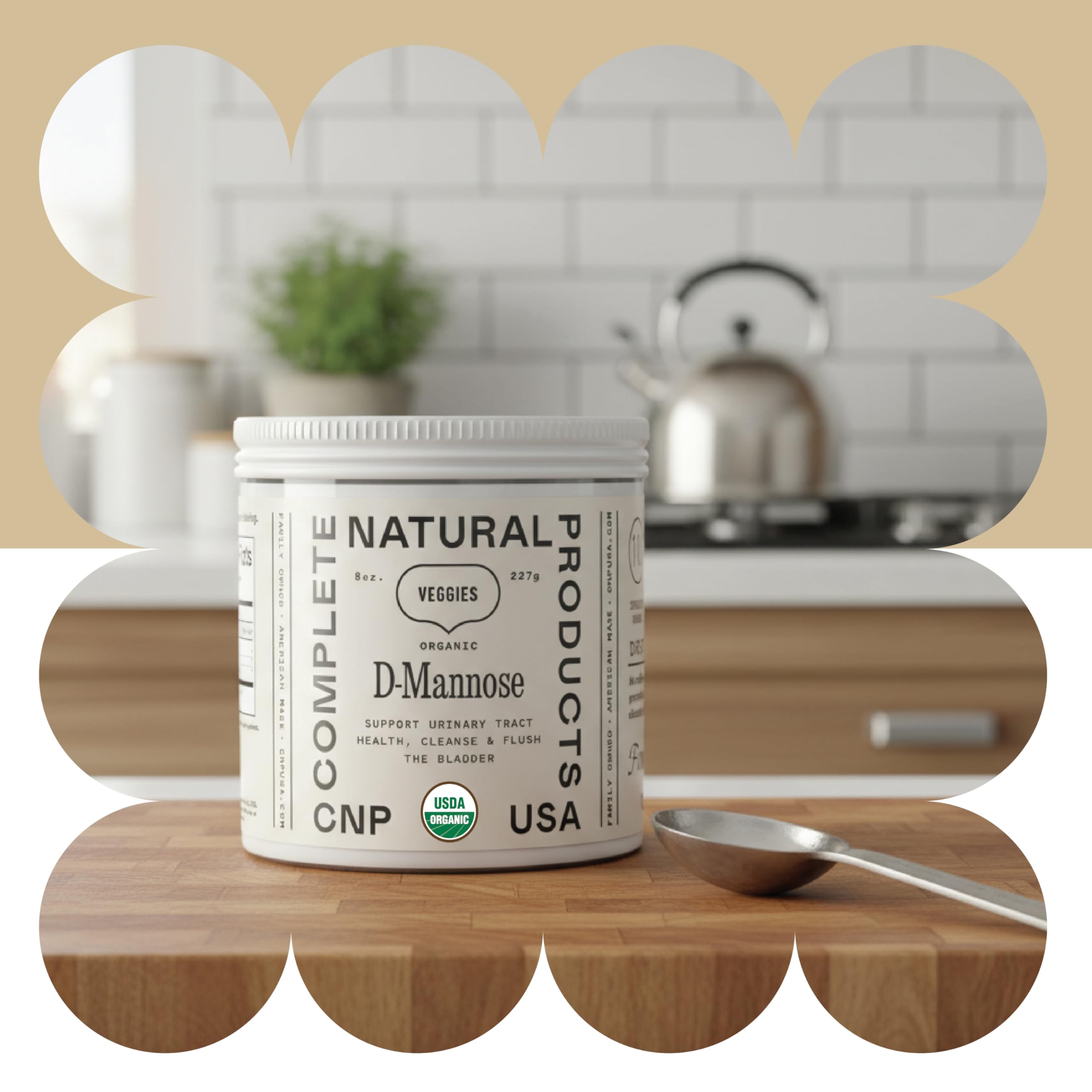 Complete Natural Products Organic D-Mannose Powder close-up of unflavored vegan powder texture