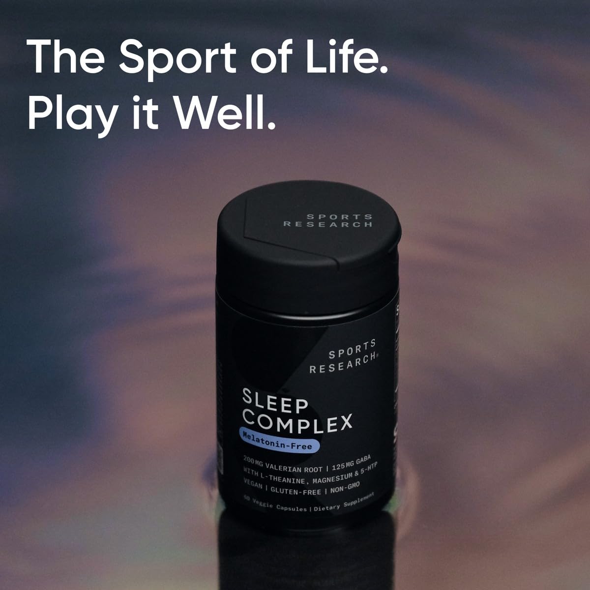 Sports Research Sleep Complex packaging detailing GABA L-Theanine and 5-HTP benefits