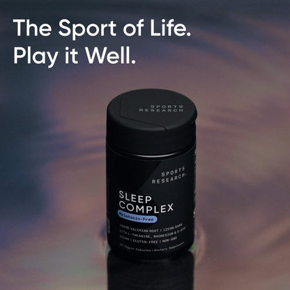 Sports Research Sleep Complex packaging detailing GABA L-Theanine and 5-HTP benefits