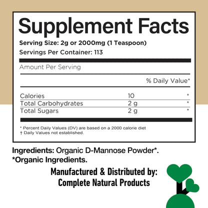 Complete Natural Products Organic D-Mannose Powder standing display highlighting the corn-free formula claim