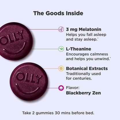 Back label of OLLY Sleep gummies showing supplemental facts and botanical ingredients.
