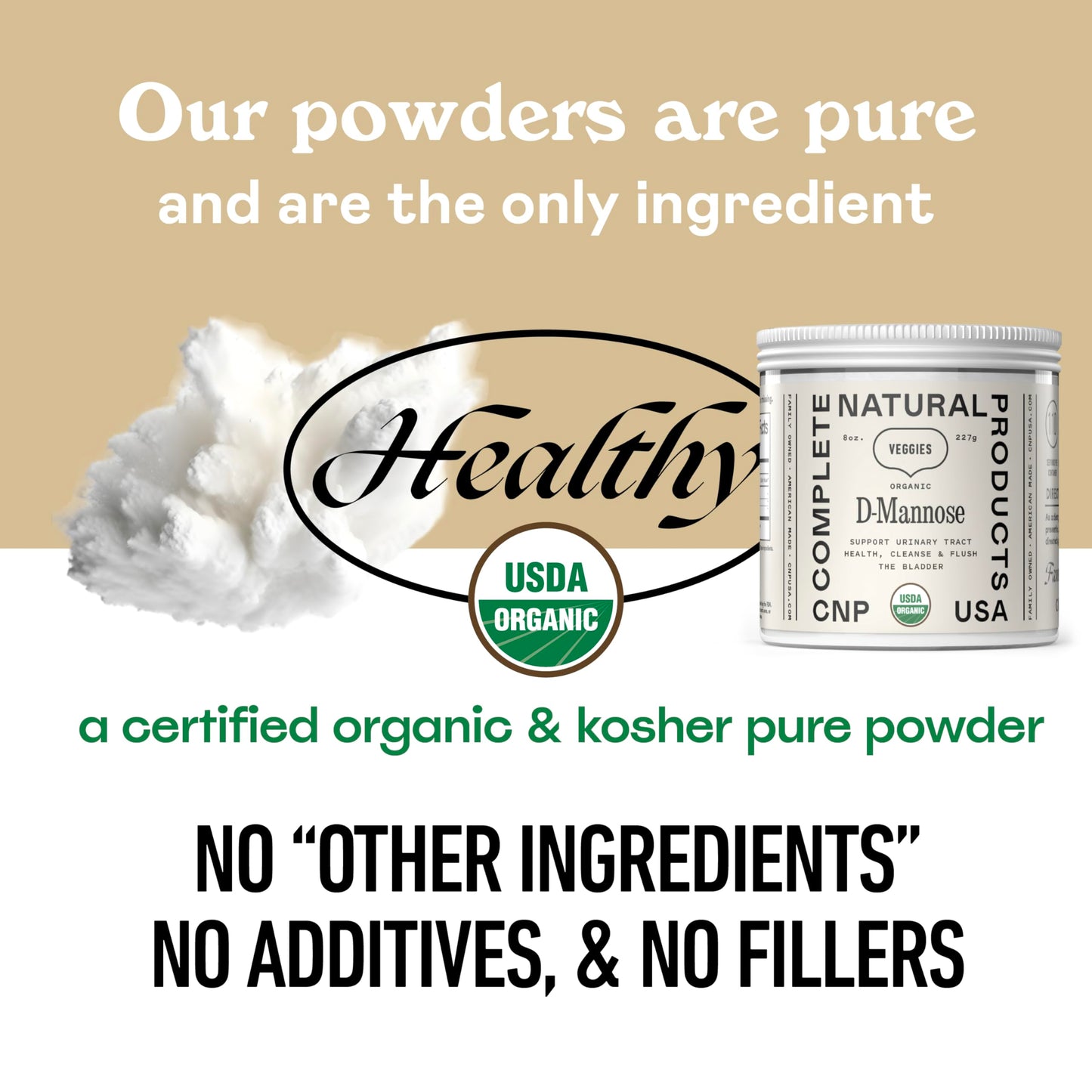 Complete Natural Products Organic D-Mannose Powder container back view with full usage and safety guidelines