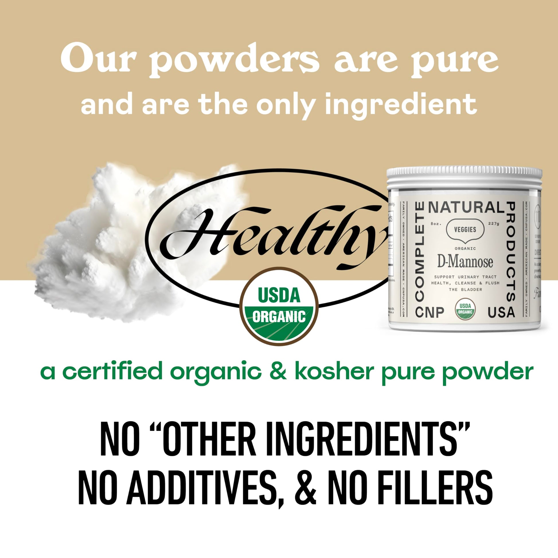 Complete Natural Products Organic D-Mannose Powder container back view with full usage and safety guidelines