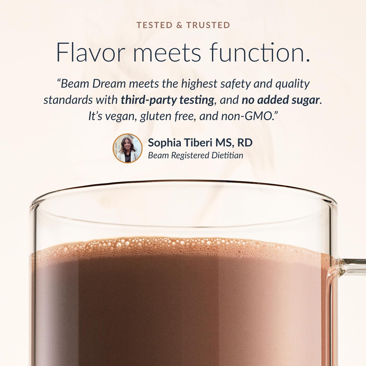 Prepared warm mug of Beam Dream Brownie Batter drink