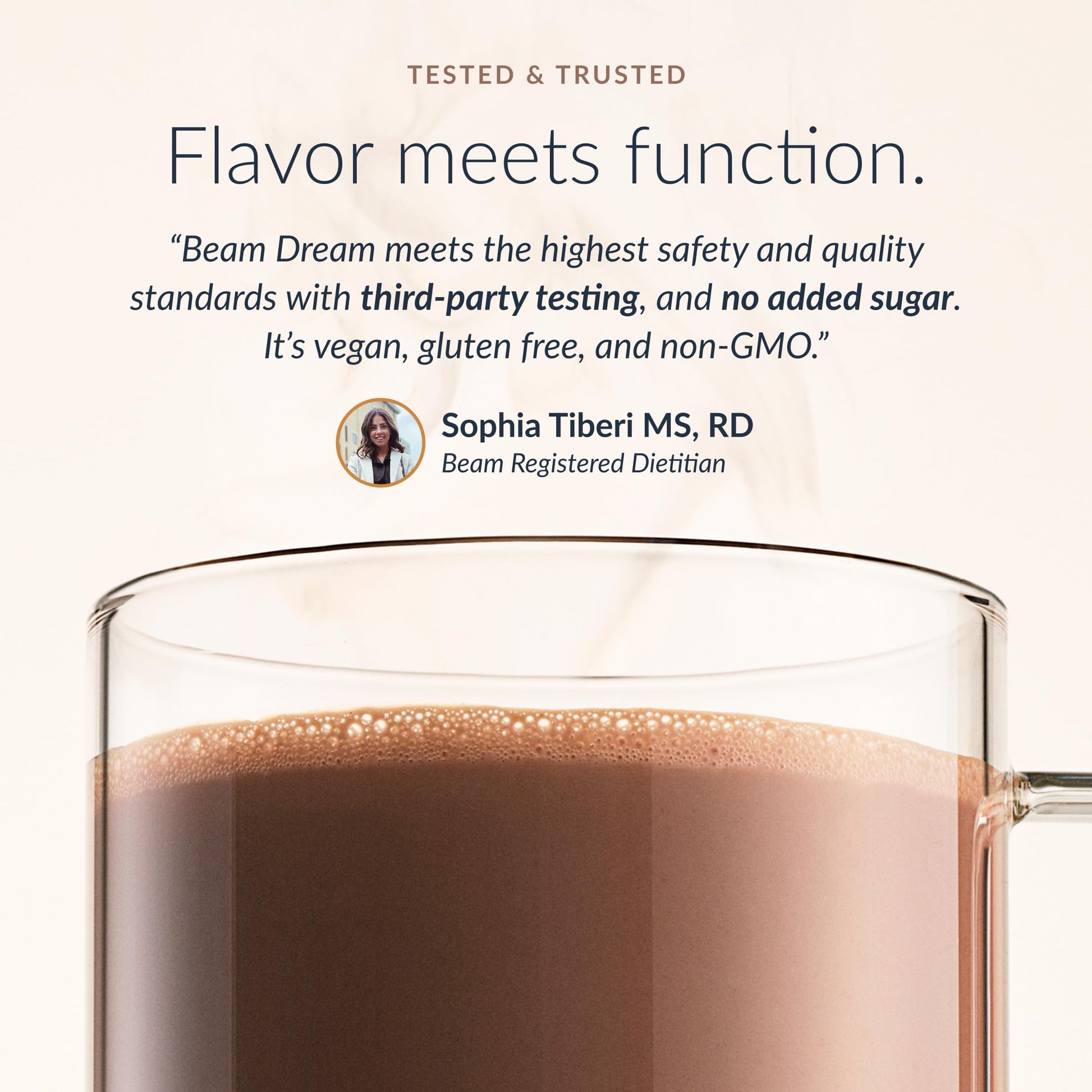 Prepared warm mug of Beam Dream Brownie Batter drink