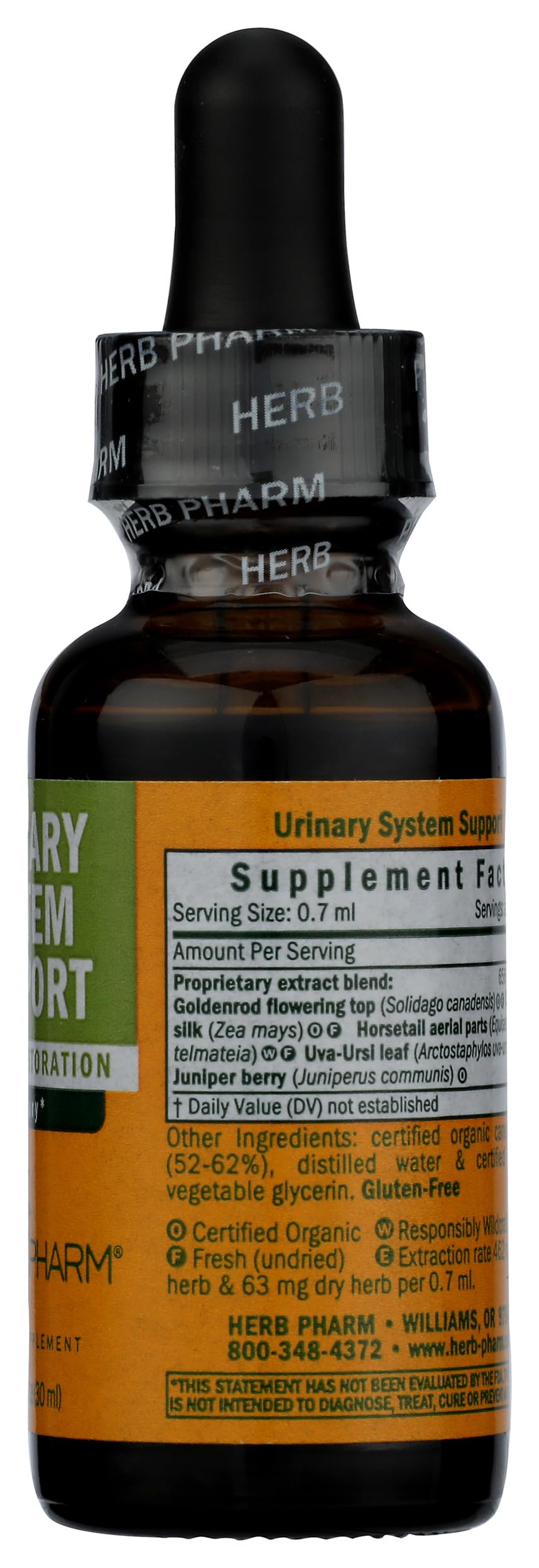 Herb Pharm Urinary System Support certified non-GMO liquid supplement bottle close up