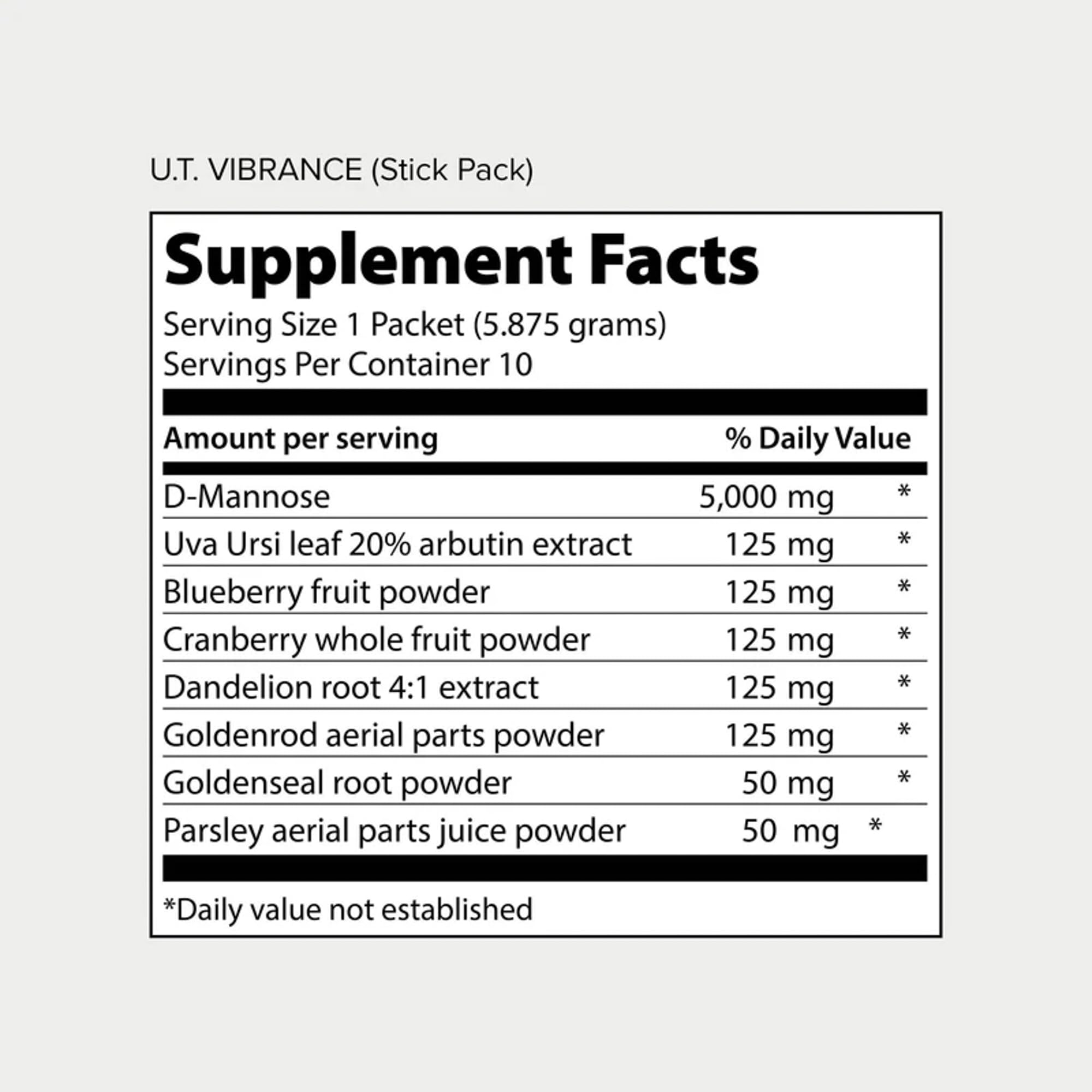 Vibrant Health UT Vibrance 10 Servings supplement facts and ingredient label details