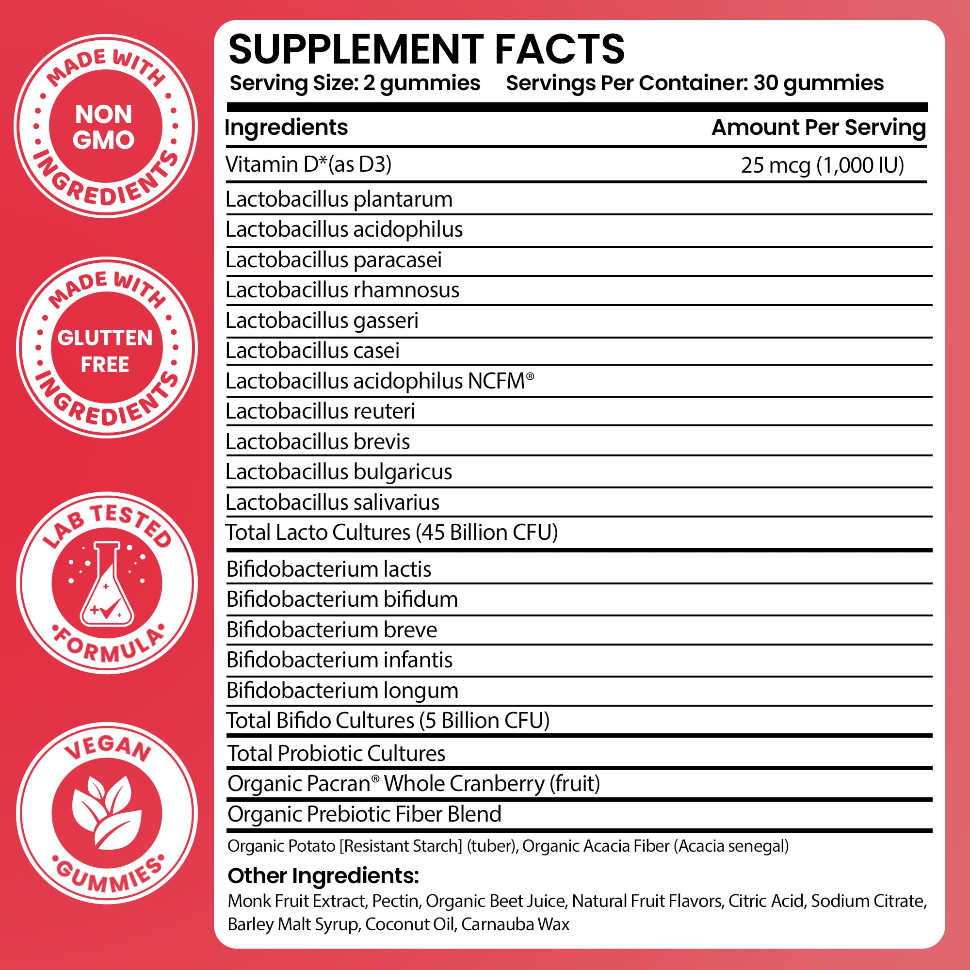 Terramed Just Think Comfort Cranberry Gummies back label showing nutrition facts and ingredients