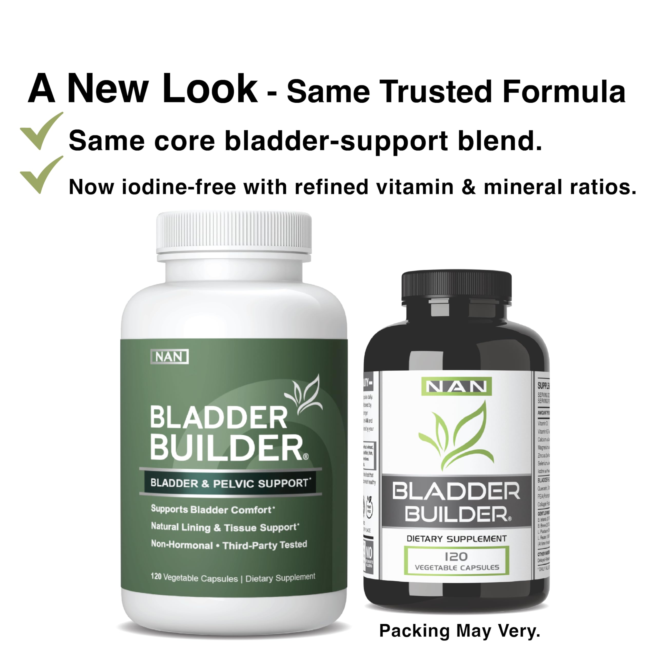 Bladder Builder dietary supplement side label illustrating ingredients for recurring bladder discomfort.