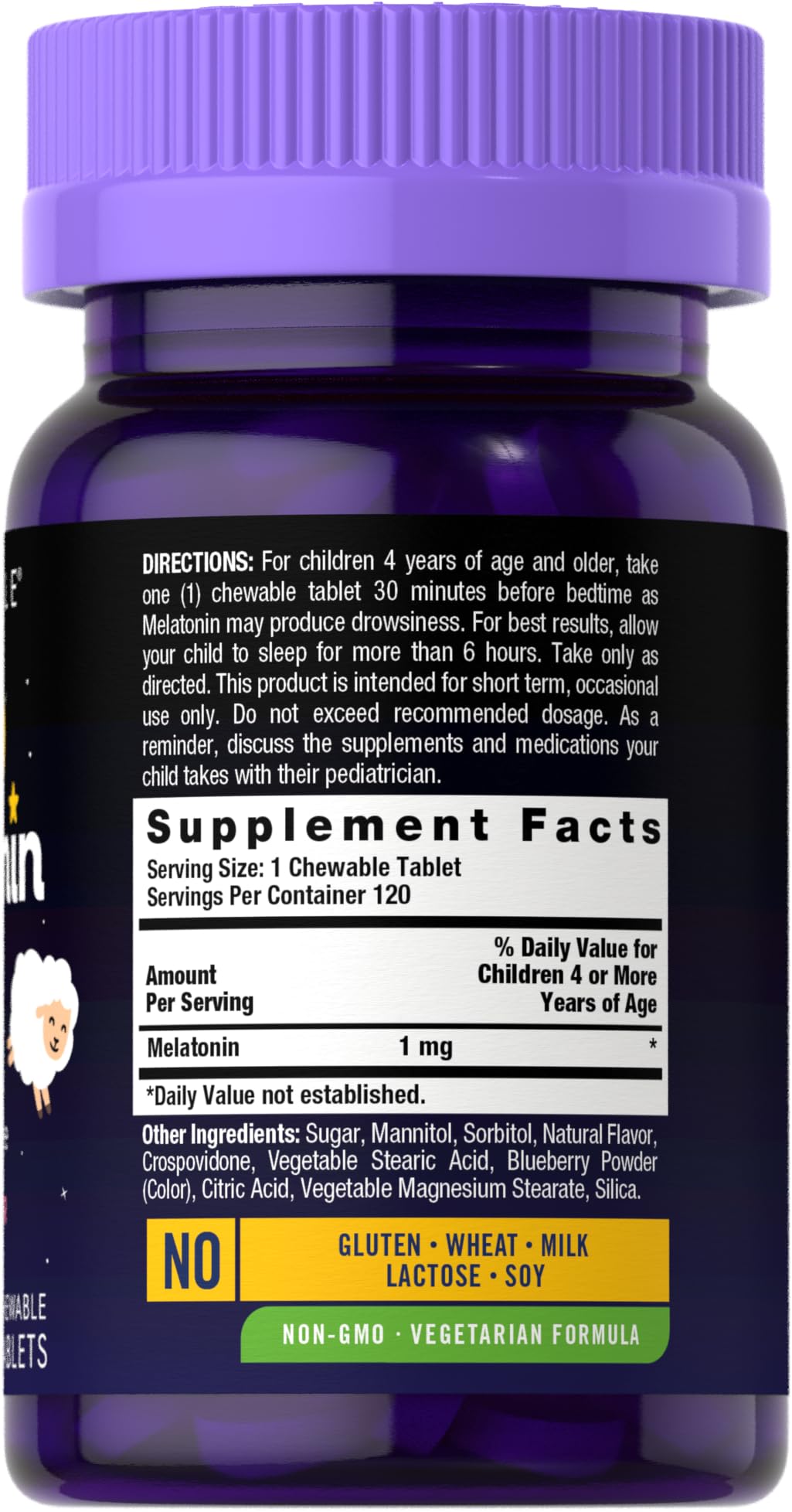 Carlyle Kids Melatonin supplement facts and ingredients list on the back of the packaging