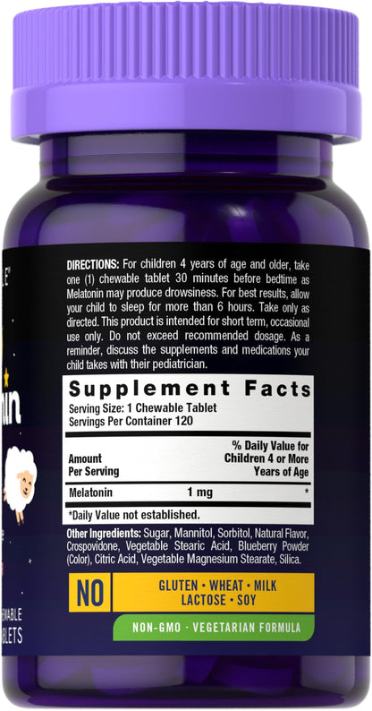 Carlyle Kids Melatonin supplement facts and ingredients list on the back of the packaging