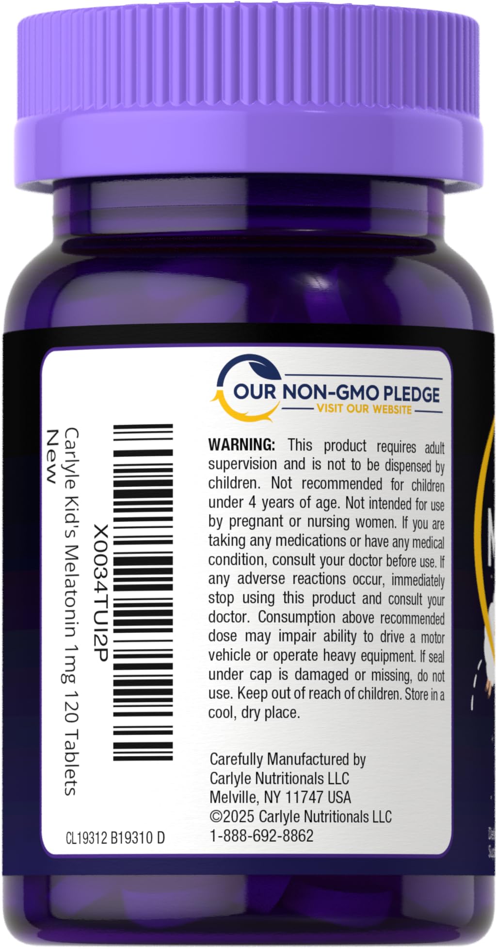 Side angle of Carlyle child resistant bottle cap and fruit flavored sleep support tablets