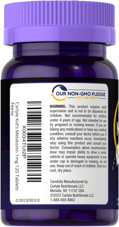 Side angle of Carlyle child resistant bottle cap and fruit flavored sleep support tablets