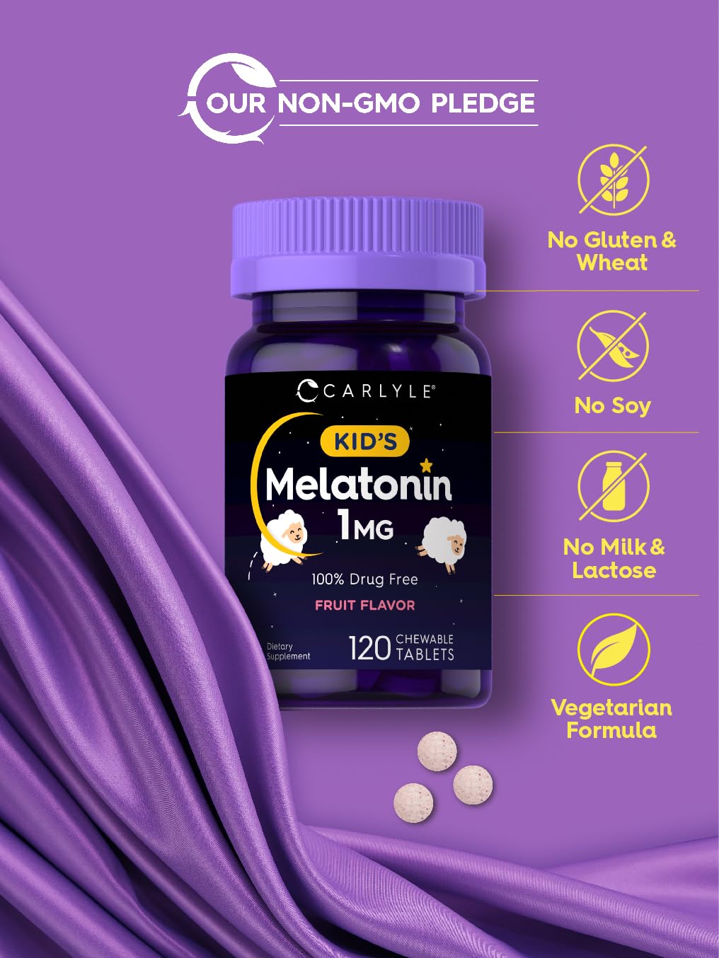 Carlyle Kids Melatonin 120 count bottle displayed upright on a clean white surface
