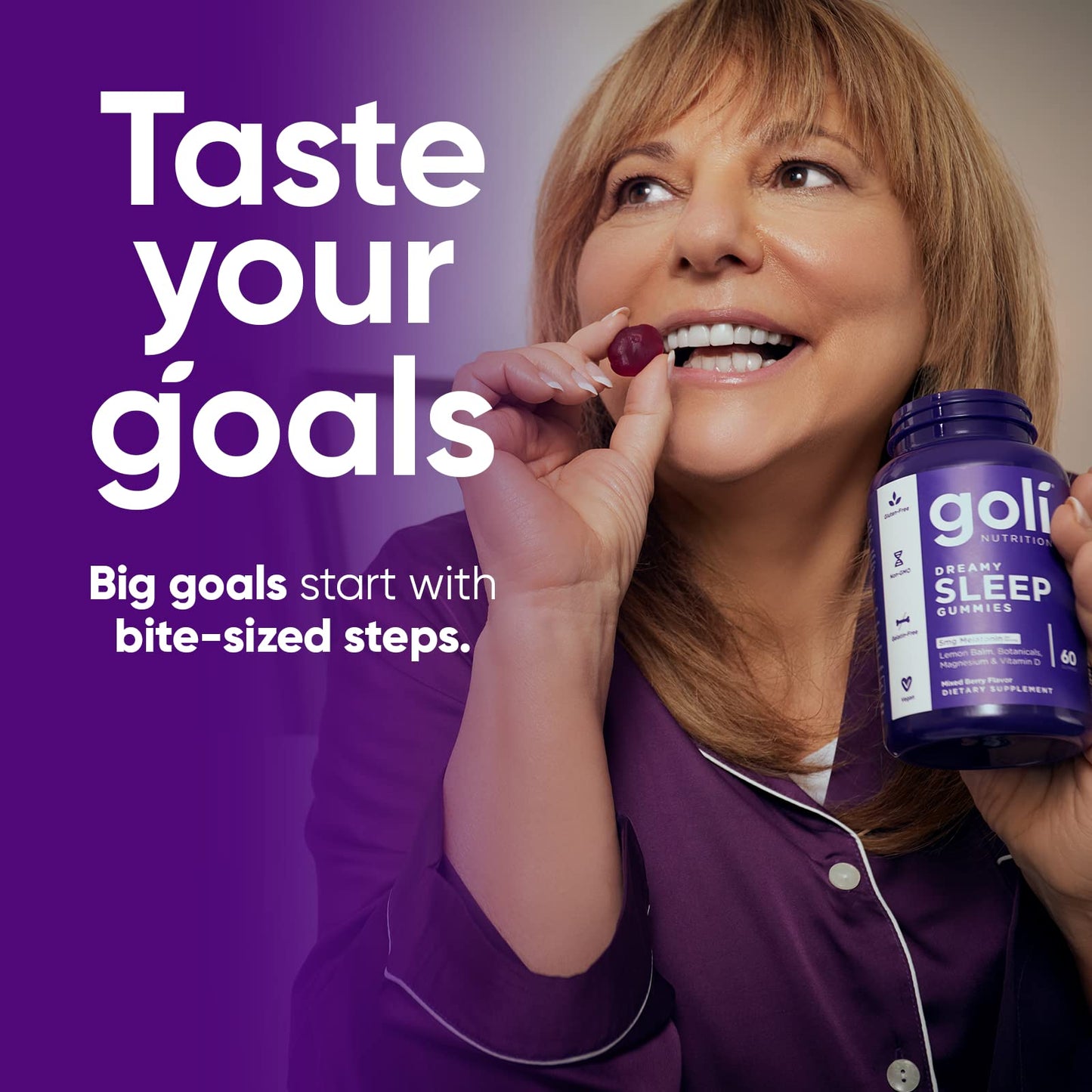 Side angle view of Goli Dreamy Sleep Gummies highlighting vegan and gluten free certifications