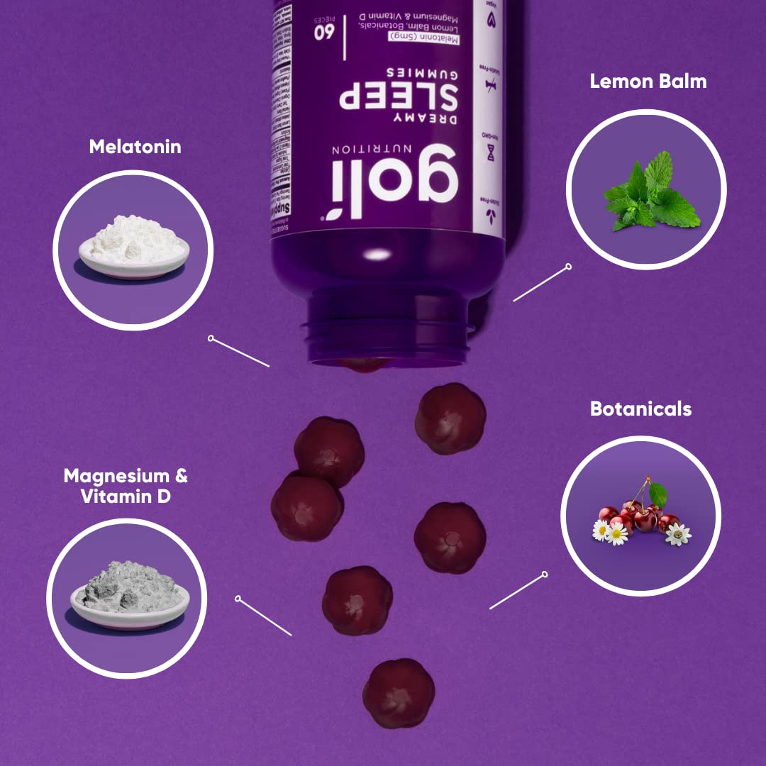 Back label of Goli Nutrition Sleep Gummies detailing 5 mg melatonin and botanical blend ingredients