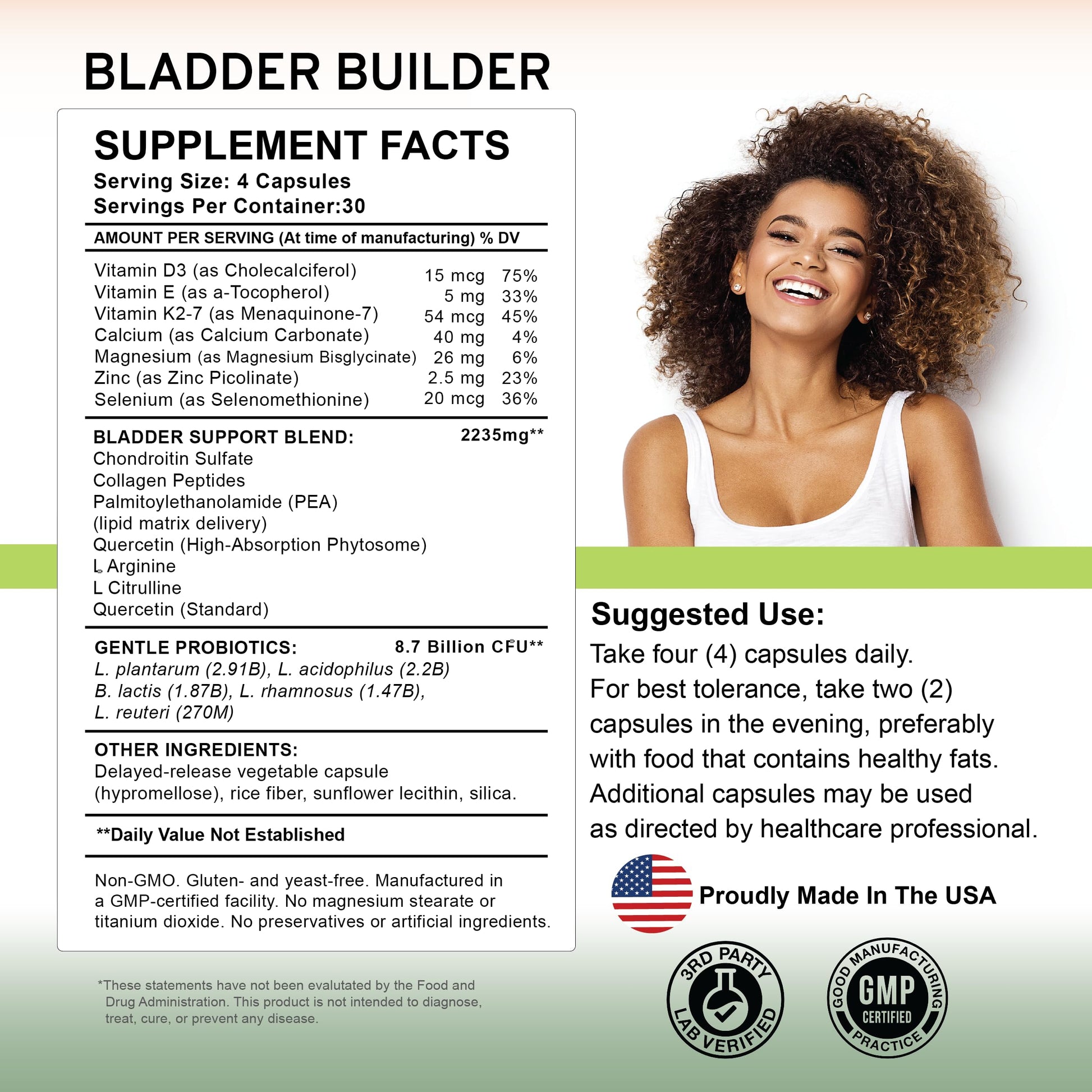 Bladder Builder authentic imported urinary wellness supplement showing product directions and usage.
