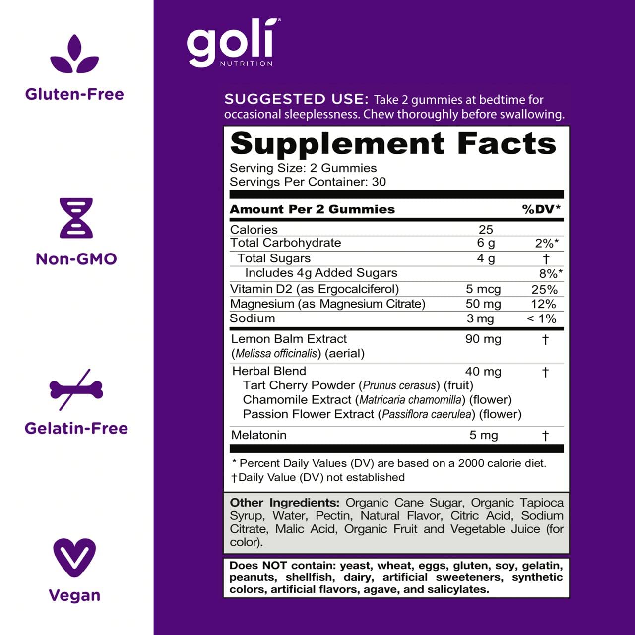 Close up of purple berry flavored Goli sleep gummies outside the bottle on a clean background
