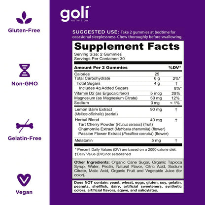 Close up of purple berry flavored Goli sleep gummies outside the bottle on a clean background