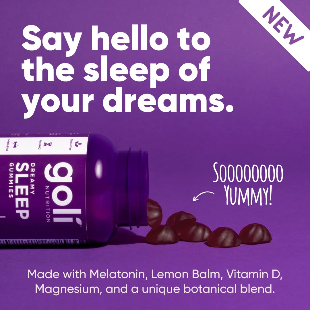 Top angle view of Goli Nutrition Dreamy Sleep product packaging with clean conscious labeling