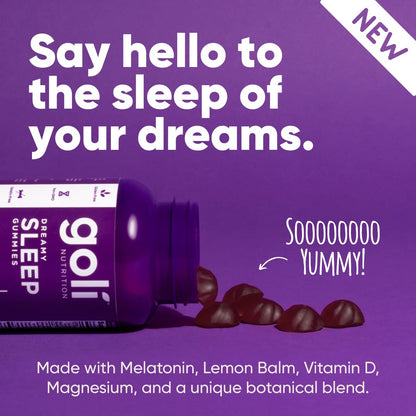 Top angle view of Goli Nutrition Dreamy Sleep product packaging with clean conscious labeling