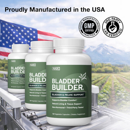 Bladder Builder premium bladder comfort dietary supplement close up view of the capsule bottle.