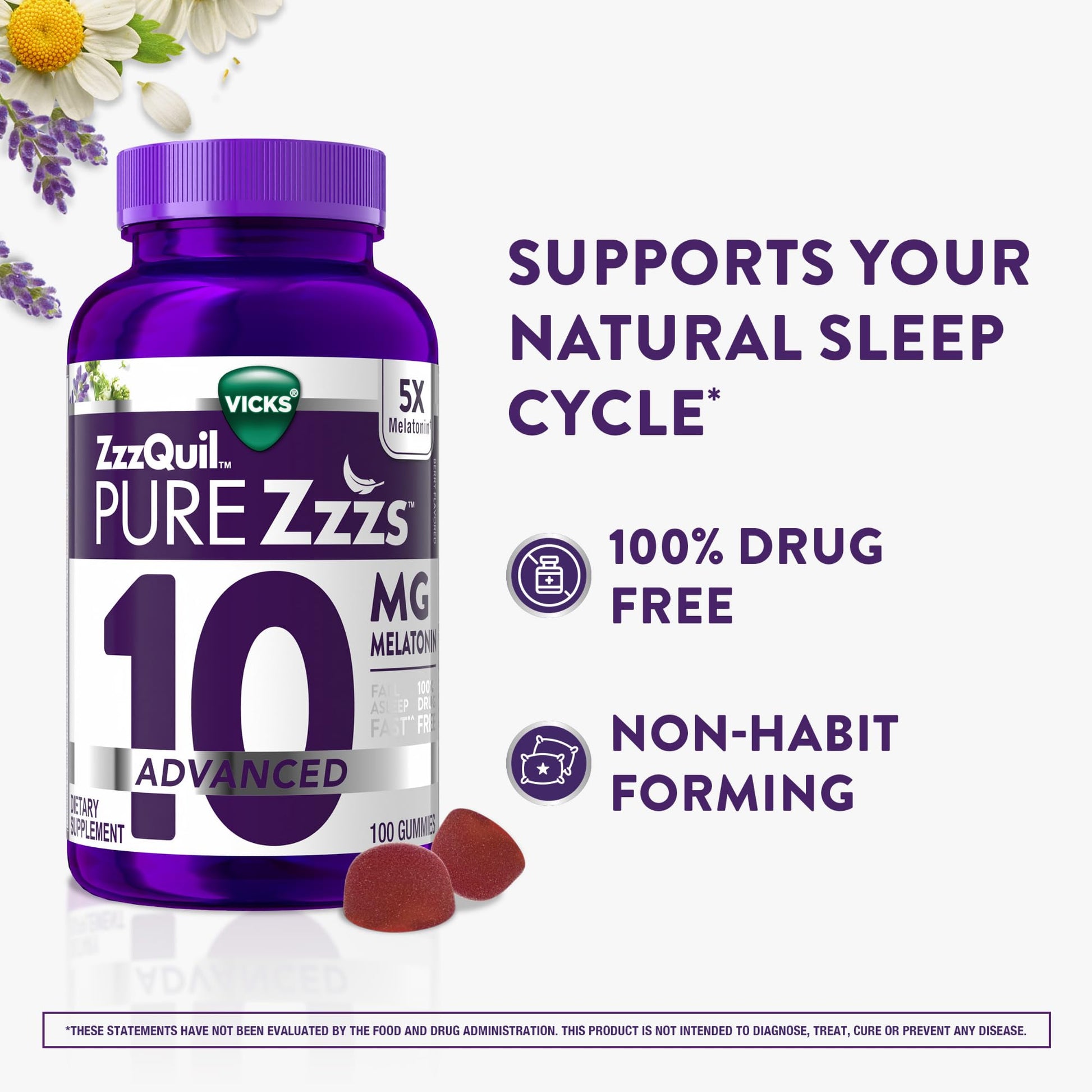 Vicks ZzzQuil Pure Zzzs berry flavor melatonin gummies packaging information