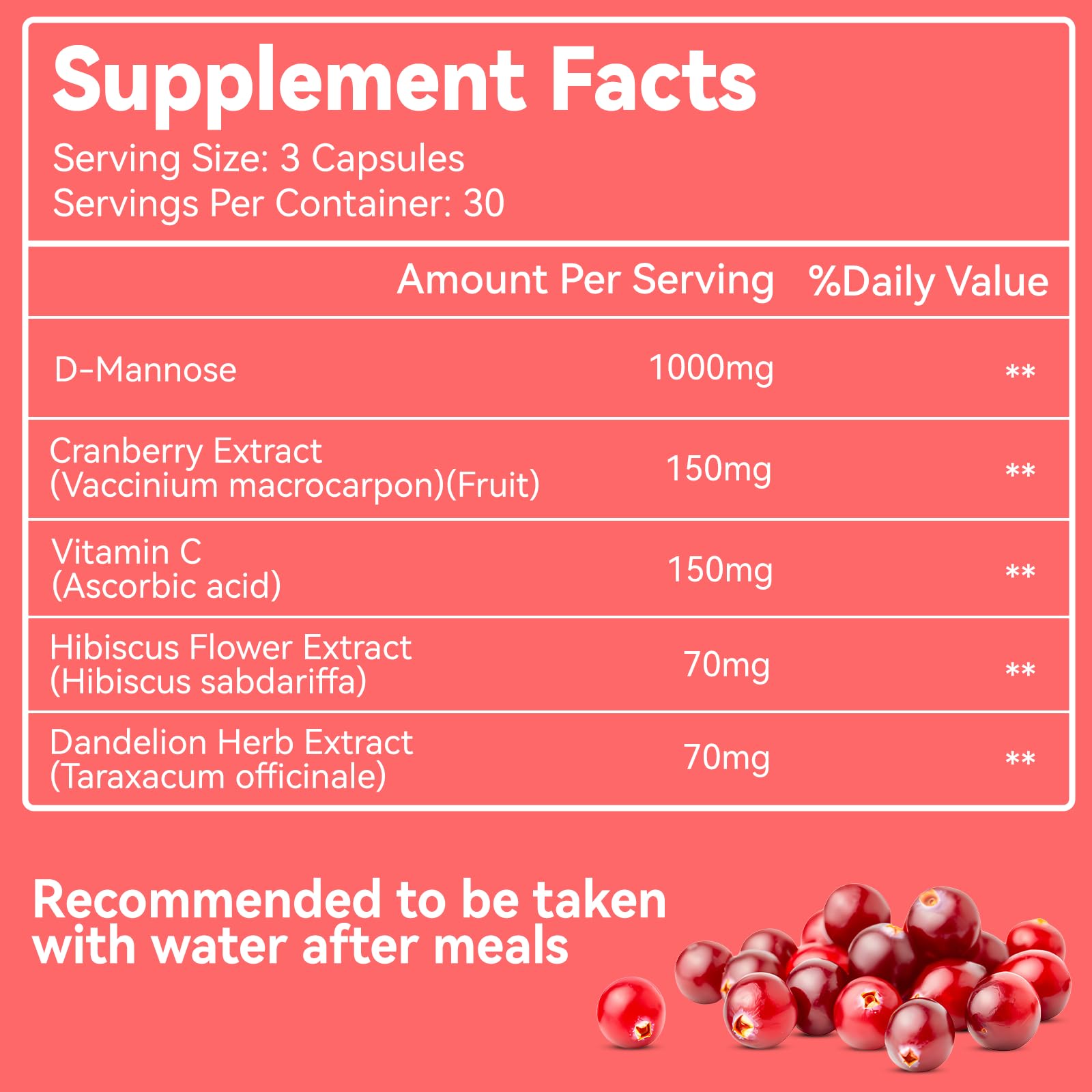 Nature's Nutrition D-Mannose and cranberry capsules label details and supplement facts